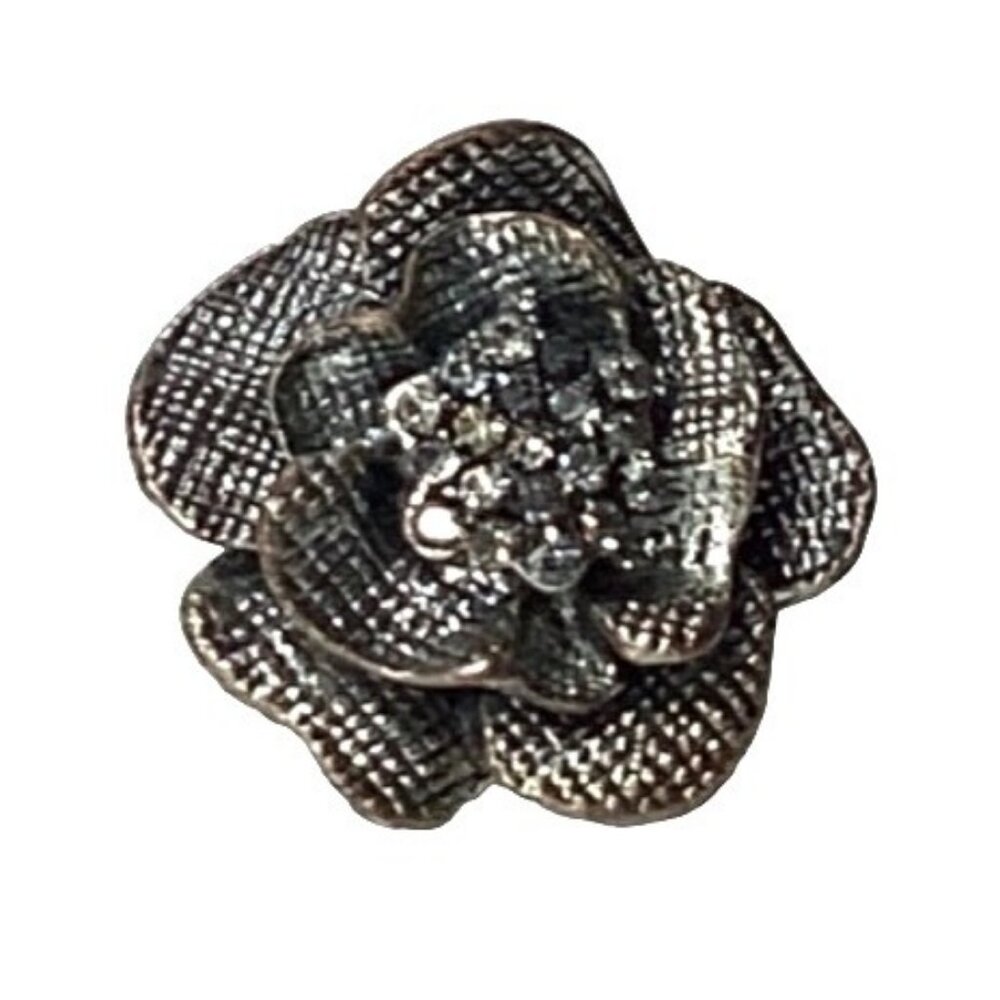 Vintage Silver Tone Dimensional Flower Adjustable Cocktail Ring with Clear Rhine
